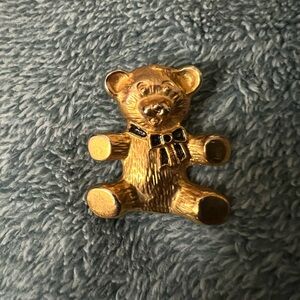 Gold Teddy Bear Brooch with Black Bow Accent